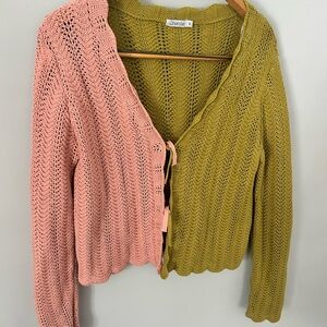 Crochet 100% cotton chartreuse and pink tie front cardigan size small